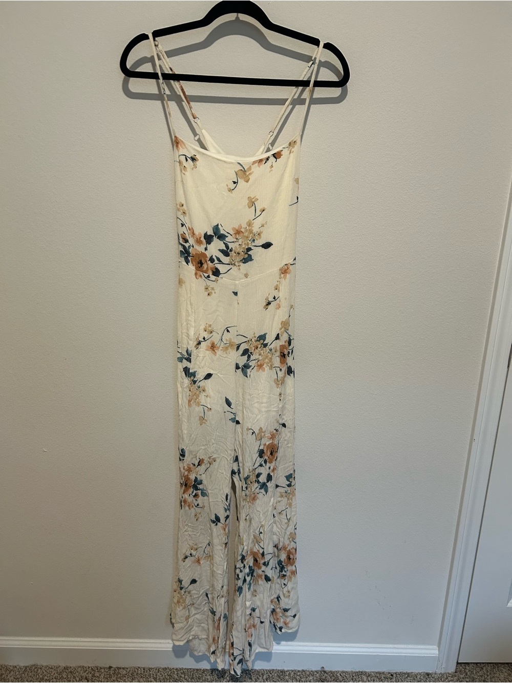 Style Rack Cream Square Neck Floral Spaghetti Strap Wide Leg Jumpsuit